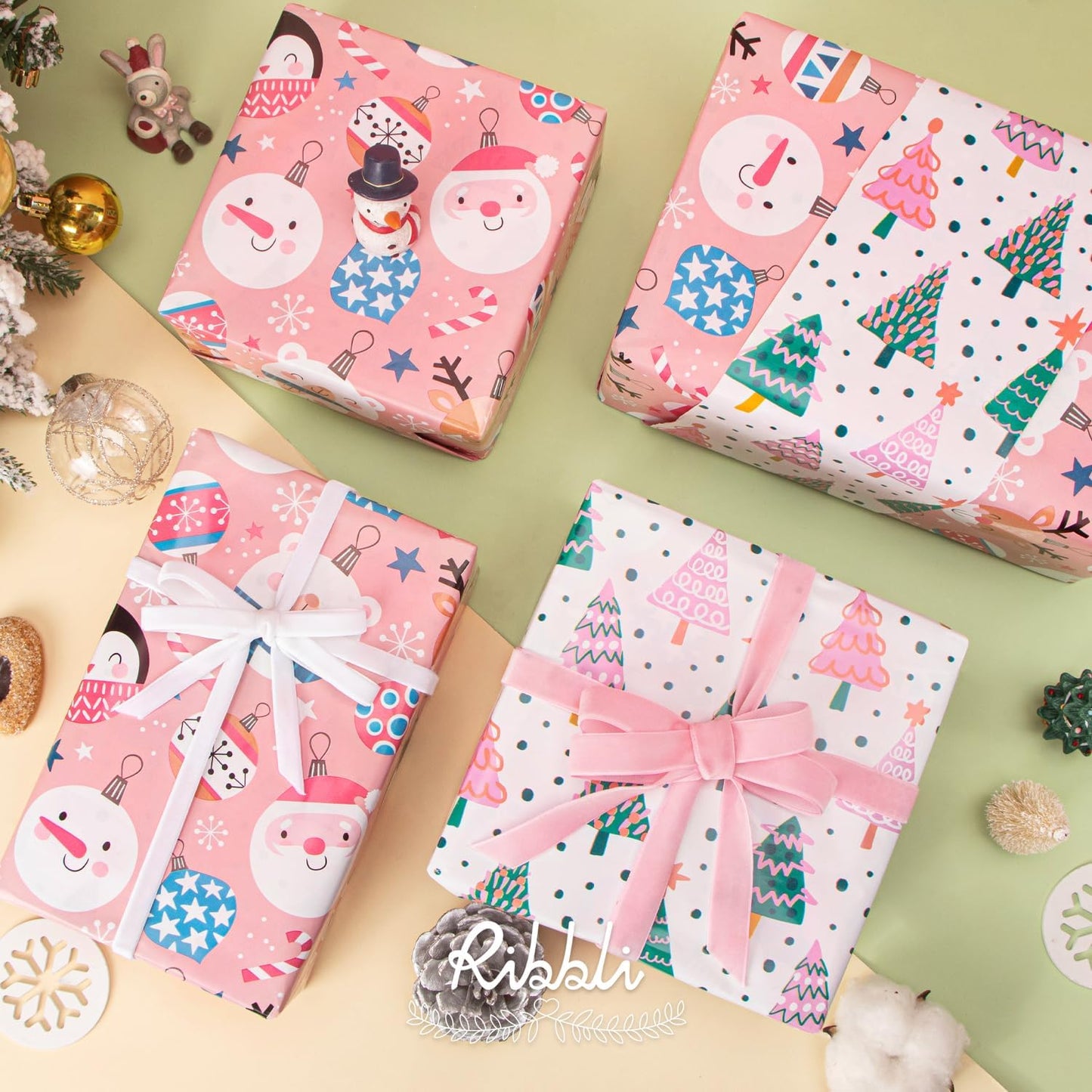 Ribbli Pink Christmas Wrapping Paper Reversible Cute Christmas elements Gift Wrapping Paper Rolls for Kids Holiday Presents Decoration-17 Inch x 33 Feet