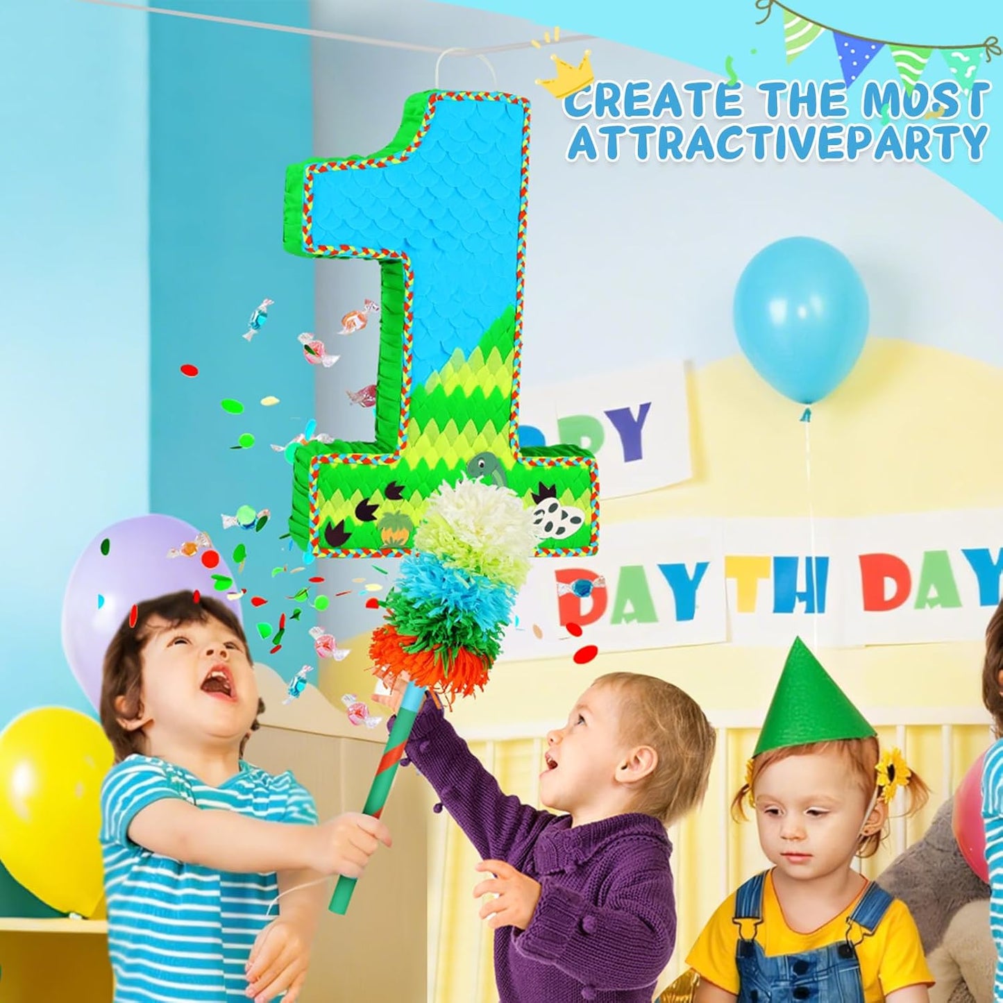 Number 1 Pinata for Birthday Party Decorations, Jungle Dinosaur Piñata Games Toy (1th)