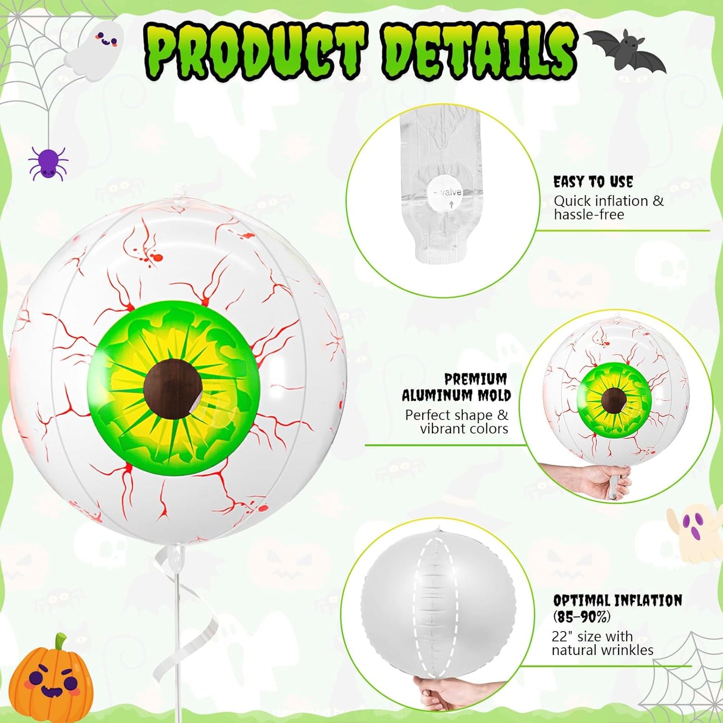 Halloween Foil Balloons Orange Green Blue Eye, 6 Pcs Large Eye Giant 4D Round Balloons, 22 Inch Big Round Foil Balloon Halloween Party Decorations for Adults Kids