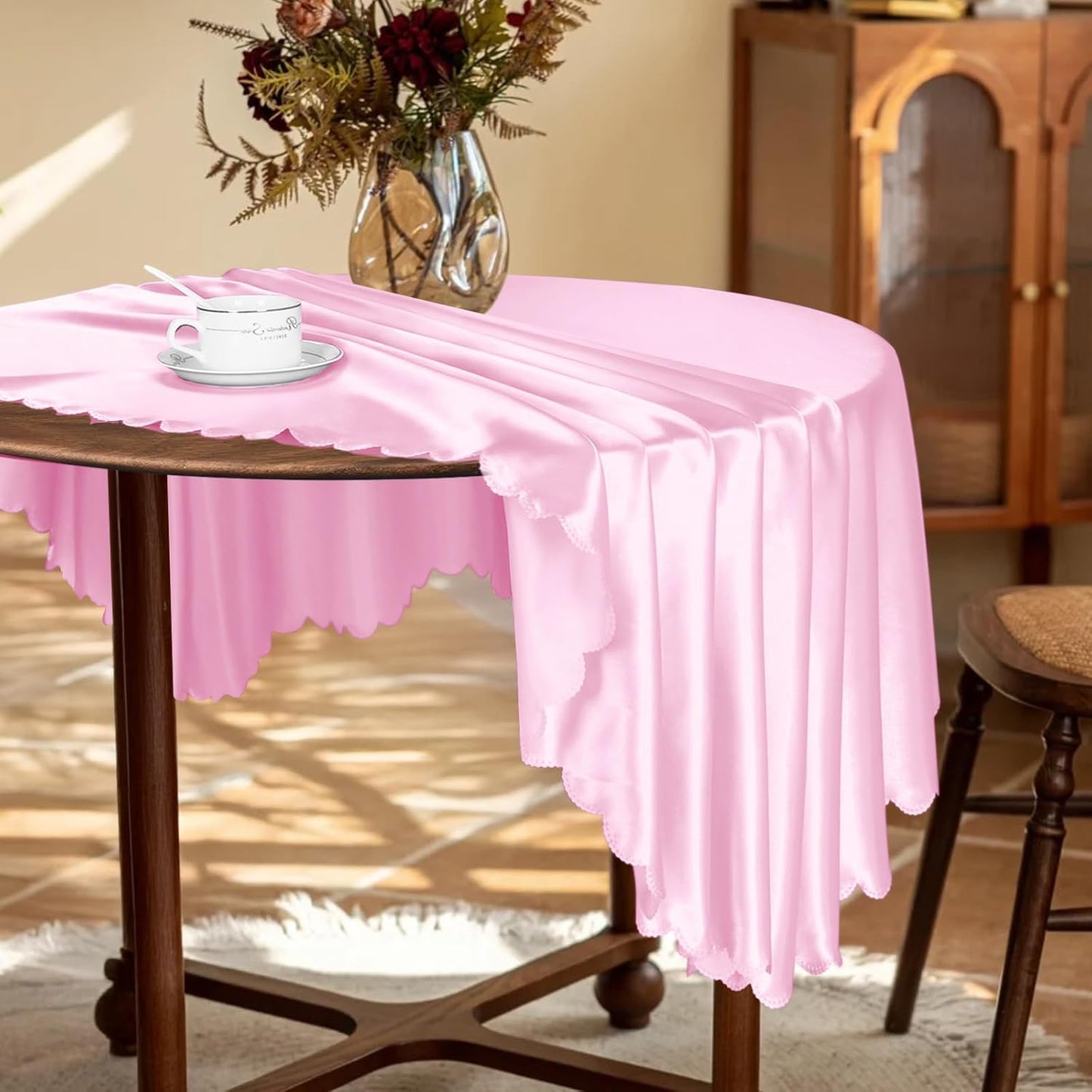 KKJIAF 1 Pack 60 Inch / 5ft Round Table Cloth, Light Pink Overlay Round Satin Table Cover, Silky Satin Dining Tablecloths for Wedding Buffet Parties Banquet Decoration