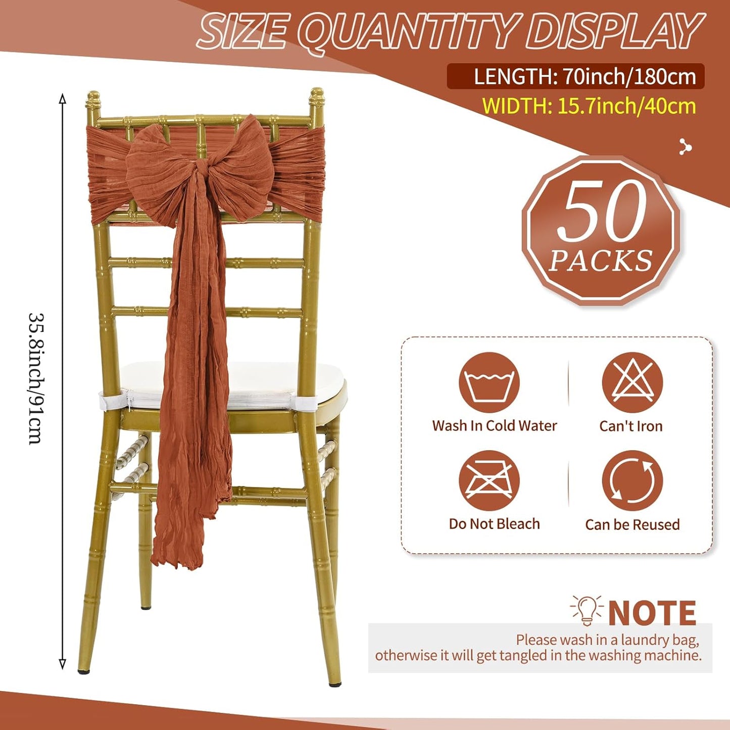 50 Pcs Cheesecloth Aisle Decorations Sashes - Universal Chair Covers for Wedding Reception Party Hotel Event (Terracotta)