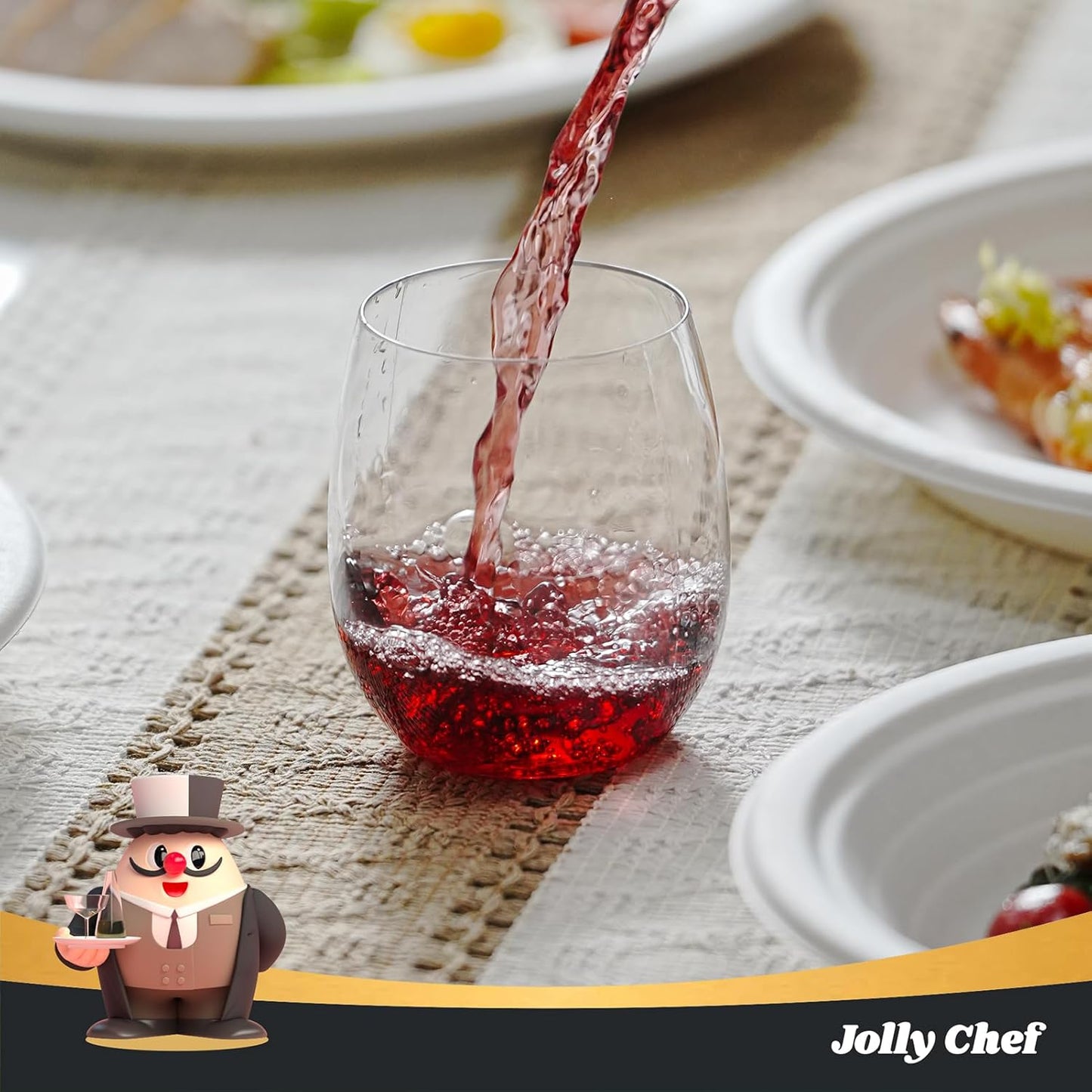 JOLLY CHEF 24 Pack 12 Oz Disposable Plastic Wine Glasses. Shatterproof, Unbreakable, Crystal, Stemless Plastic Wine Cups for Party, Halloween, Christmas