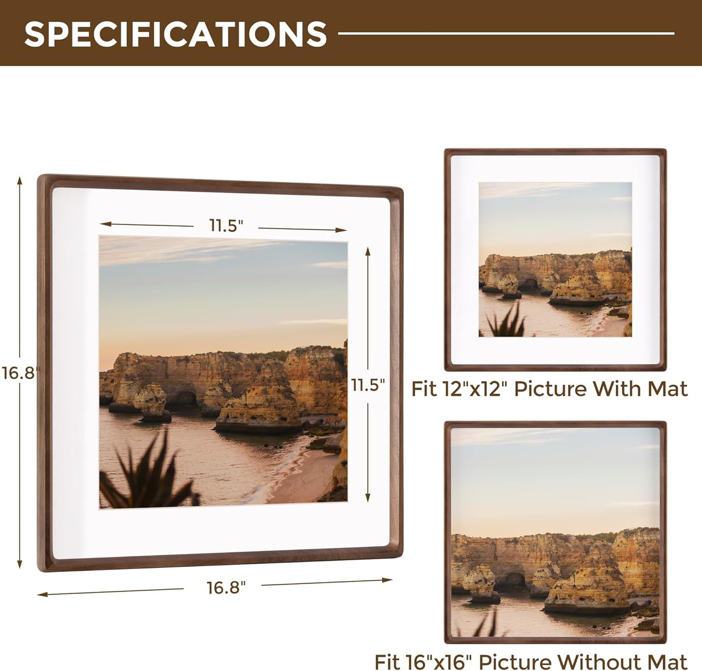 16x16 Picture Frame USA-Sourced Natural Walnut Wood Solid Original Wood Photo Frame Rounded Corner with Mat to 12x12 Picture Display with Real Glass Family, Wedding Picture, Photo, Certificate