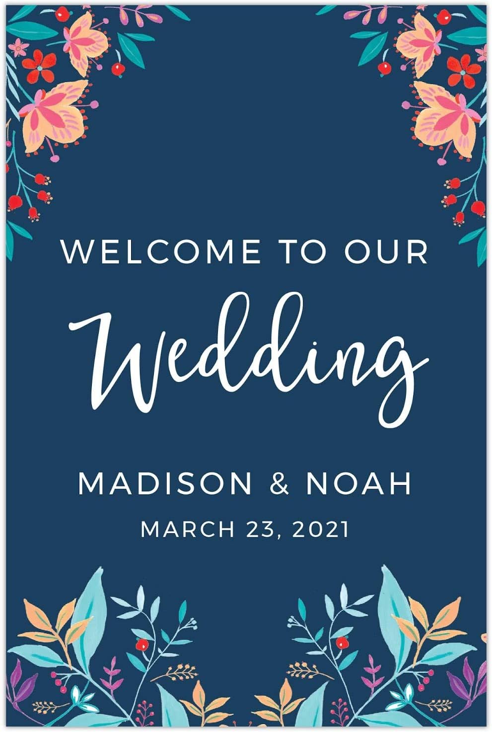 Andaz Press Personalized Extra Large Wedding Easel Board Party Sign, 12x18-inch, Vintage Bohemian Flowers on Navy Blue, Welcome to Our Wedding Bride Groom Name Date, 1-Pack, Custom
