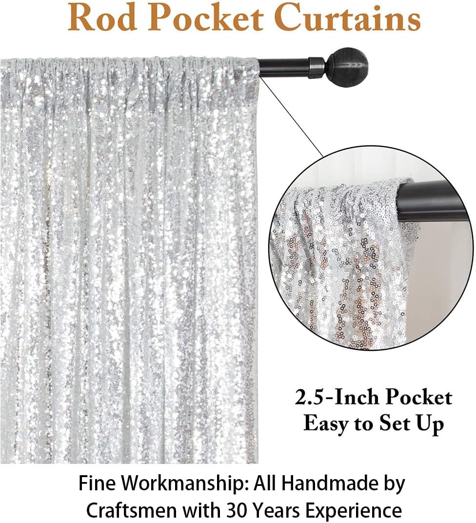 ShinyBeauty Silver Sequin Curtain 2Panels 5FTx10FT Glitter Wedding Backdrop for Photography - Shimmer Payette Fabric Background