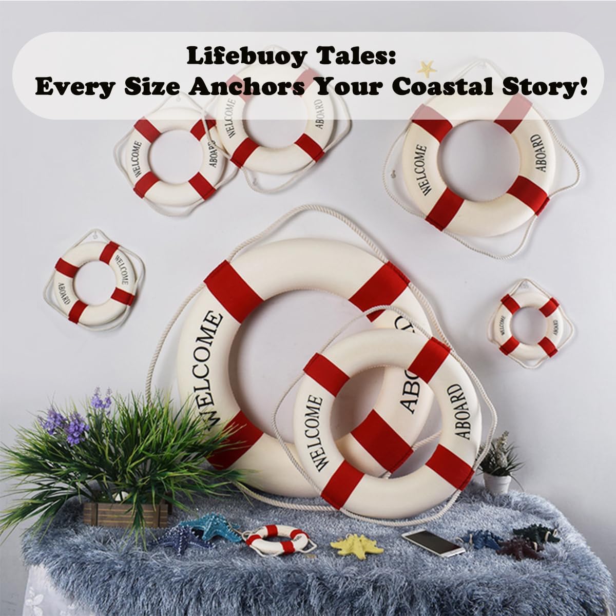 MorroMorn Lifebuoy Wall Hanging Decor - Welcome Aboard Mediterranean Style Home Decoration (Red, 12")