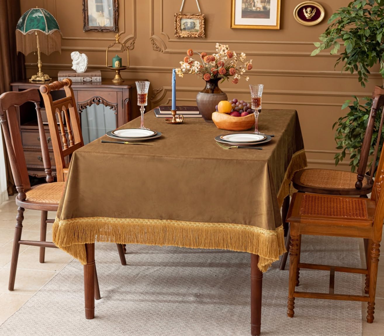 F-CHU Luxury Camel Tablecloth Thickset Velvet Tablecloth with Beautiful Gold Tassels Vintage Table Cloth for Home Decor Wedding, Party, Banquet and Events 60x70-Inch