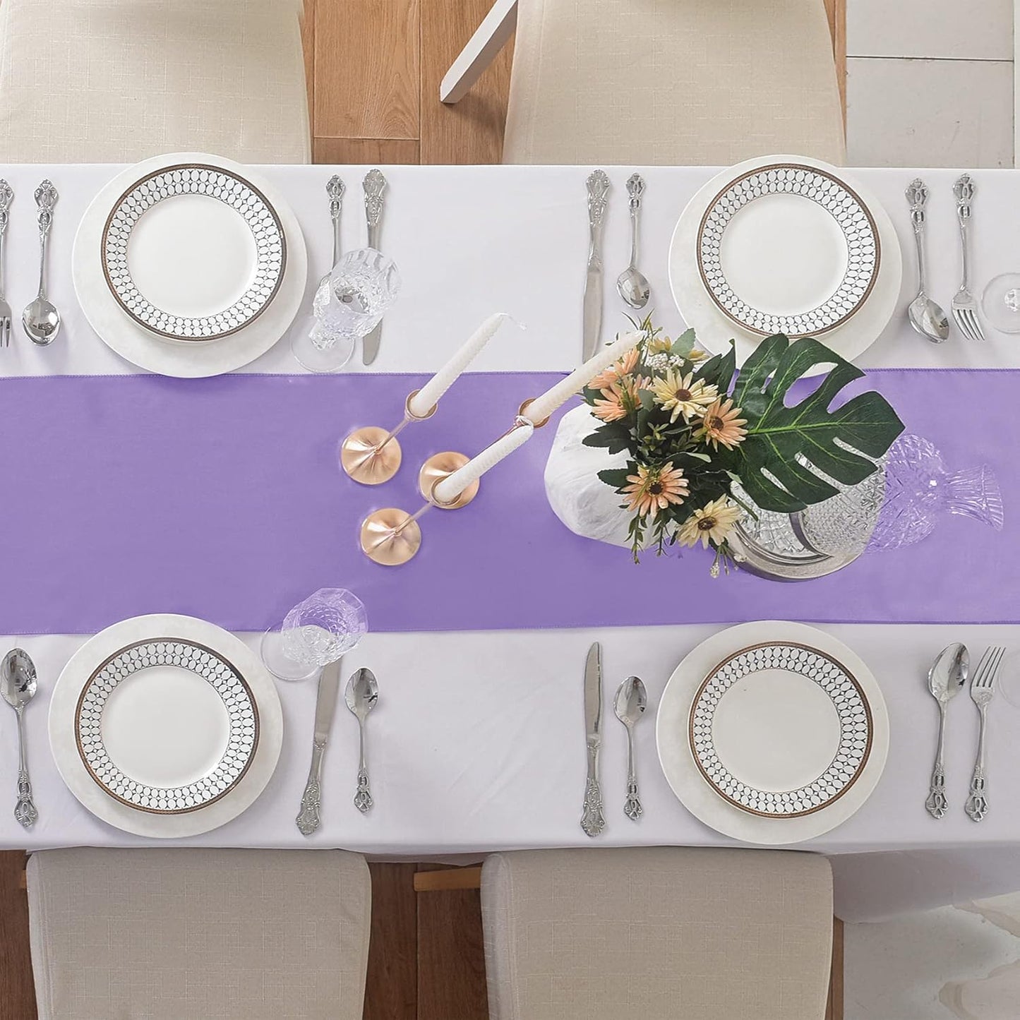24Pack Table Runner 12 x 108 Inches Satin Silk Table Runner for Wedding, Birthday Party, Banquets, Graduations Decoration, fit Rectange and Round Table-Lavender