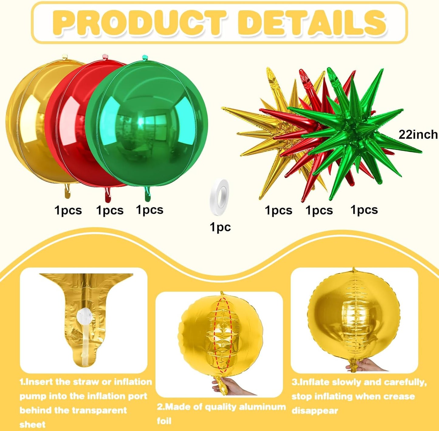 6Pcs Red Green Gold Foil Balloons,22Inch Green Red Gold 4D Round Ball Balloon and Explosion Star Balloon for Christmas Birthday Wedding Baby Shower Anniversary Party Decorations