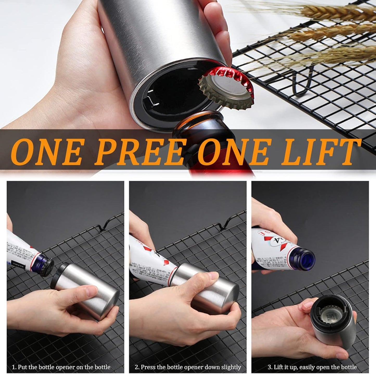 2PCS Pop-the-Top Beer Bottle Opener, Metal Automatic Magnetic Glass Bottle Cap Openers, Wine Bartender Tool Cap Catcher for Bar, Party, Wine Ceremony, Restaurant Household Utensils, Easy to Use-Silver
