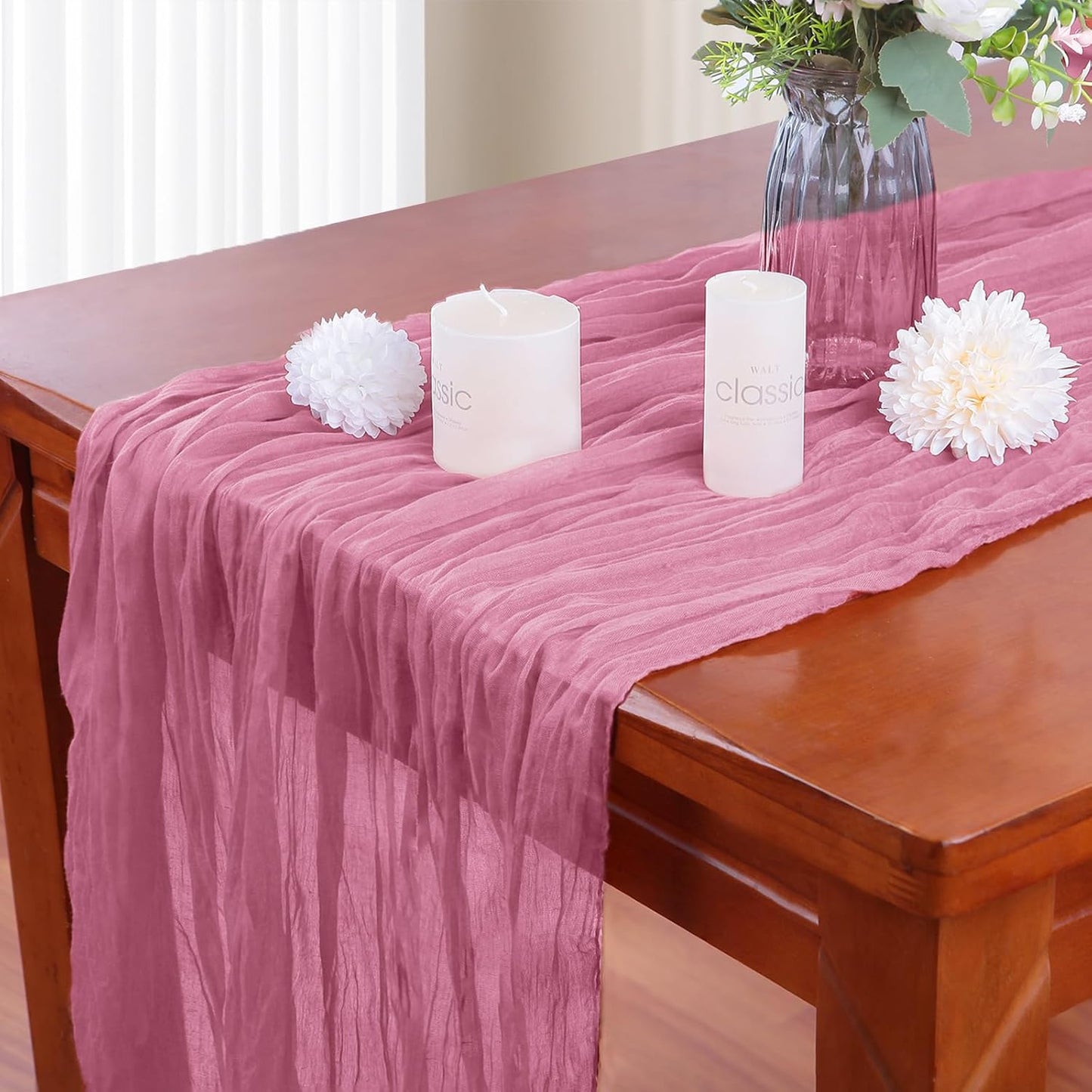 16PCS Dusty Rose Cheesecloth Table Runner 10FT Table Runner Cheesecloth 35x120Inch Boho Gauze Cheese Cloth Table Runner Long Rustic Sheer Table Runners for Wedding Party Baby Bridal Shower Table Decor