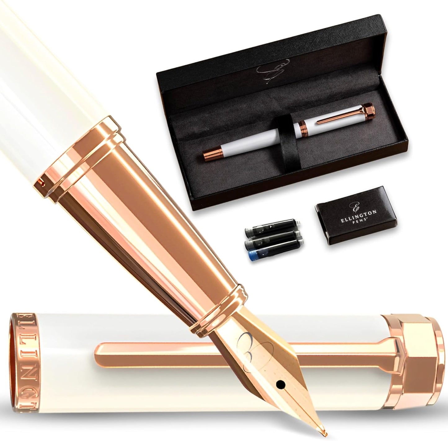 Ellington Pens Luxury Fountain Pen Set- Fountain Pens for Writing - Smooth Medium Nib - Includes Refillable Ink Converter, 3 Ink Cartridges [Black & Blue], Gift Box - Elegant Calligraphy