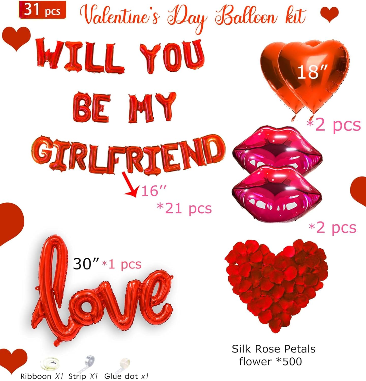 16 Inches Red 'WILL YOU BE MY GIRLFRIEND' Confession Letter Balloons with Heart-Shape, lips, love Foil Balloons and Rose Petals for Romantic Special Night Decorations and Valentines Day