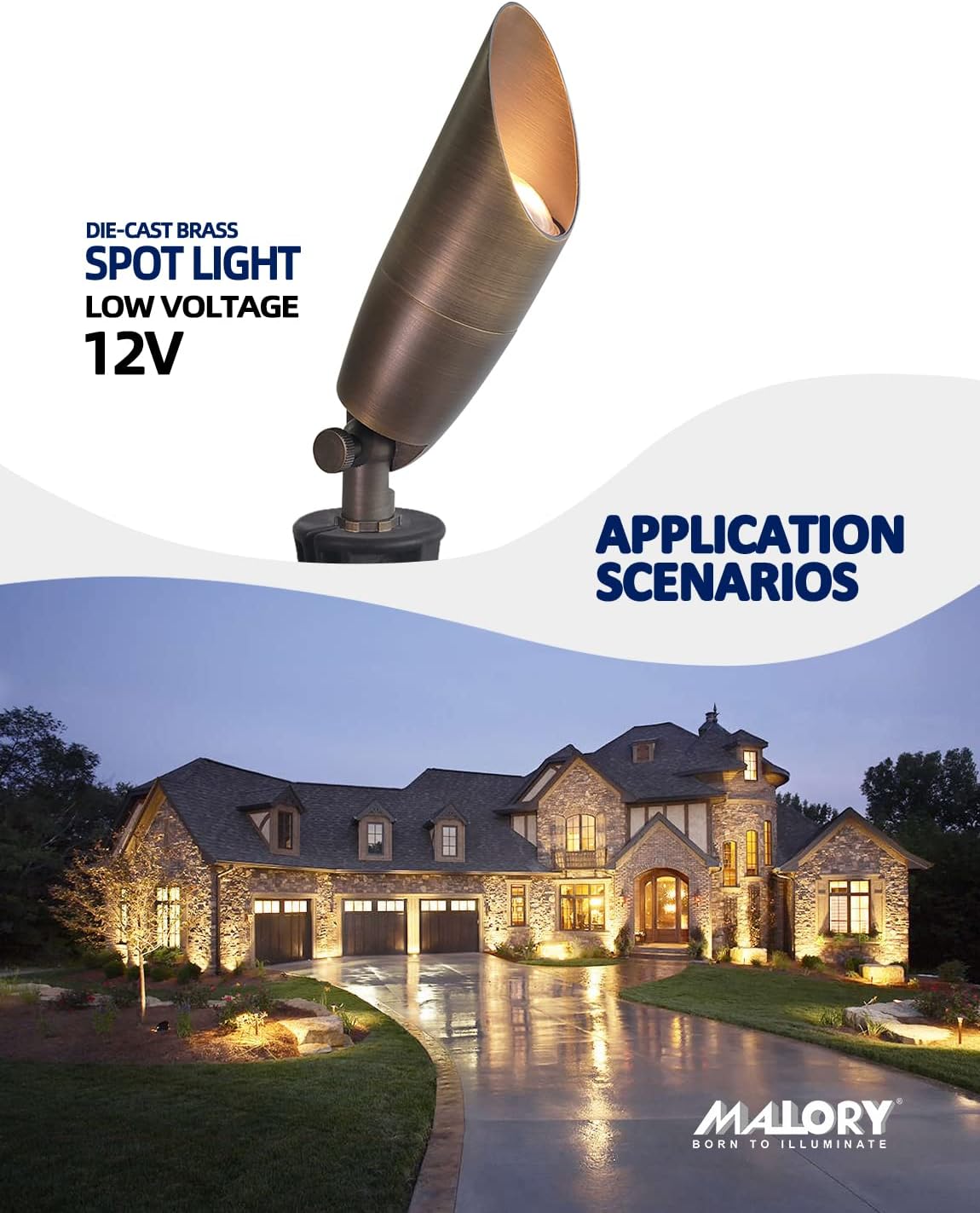 MALORY Solid Brass Landscape Spotlight 10-Pack with Bulb(S06), Low Voltage Front and Backyard Landscape Lighting with Large Rugged Slot Spike & Wire Connector,12V AC/DC Garden Patio Spot Up Light