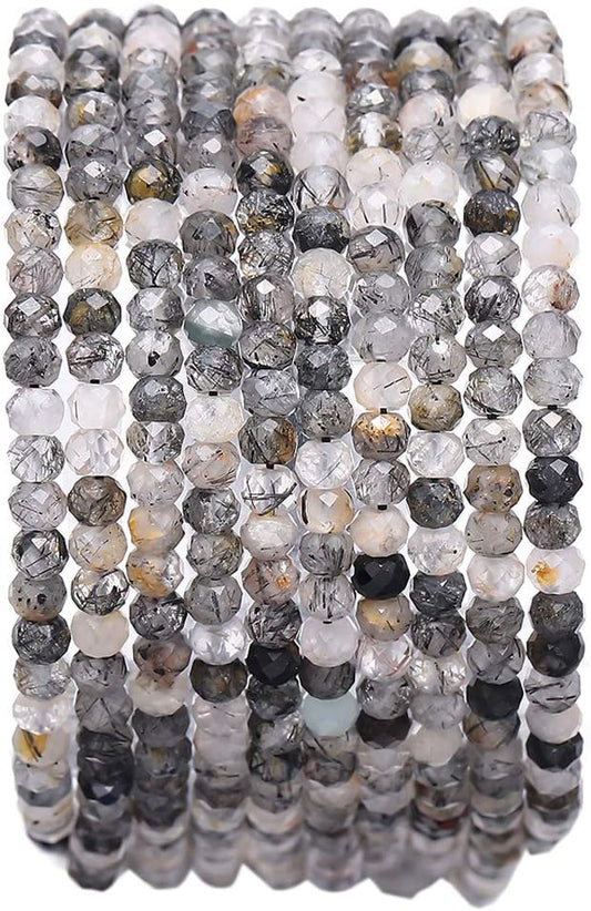 Faceted Natural Black QuartzRutilated Crystal Stone Rondelle 3x4mm Loose Semi Gemstone Beads for Jewelry Making 38cm