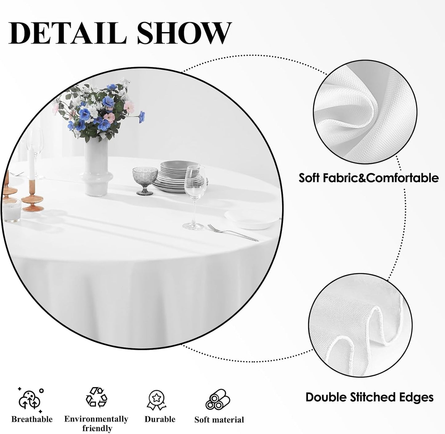Round Tablecloth 132 Inch 2 Pack White Tablecloths Washable Decorative Linen Polyester Table Clothes Cover for Dining Table Banquets Buffet Parties and Wedding