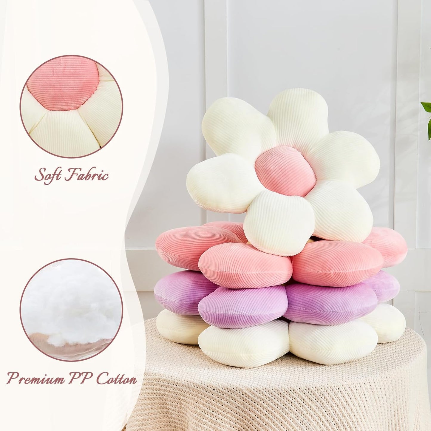 White Pink Flower Pillow, 14.9" Cute Flower Shaped Floor Pillow, Aesthetic Floral Plush Daisy Decorative Throw Pillows for Bed Sofa Couch