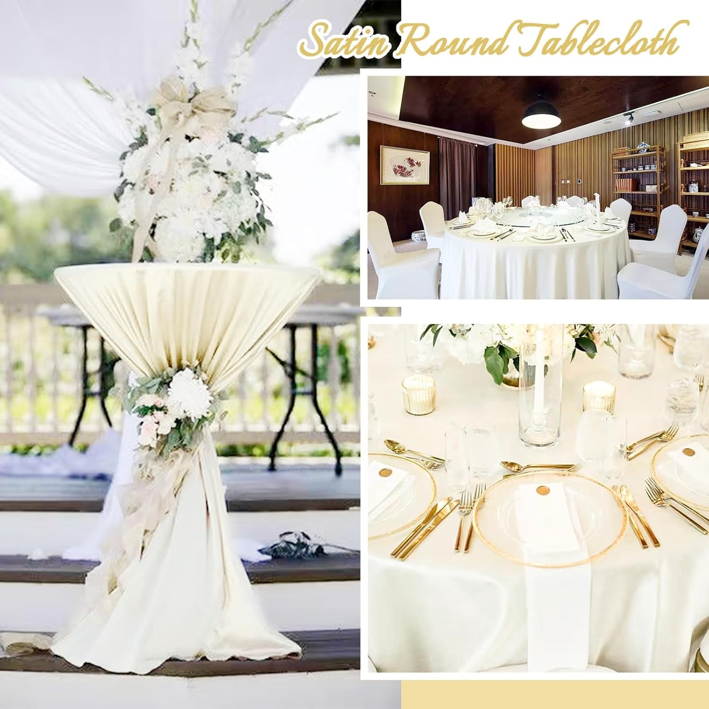 fani 12 Pack 108 Inch Ivory Satin Tablecloth - Premium Bright Silky Round Tablecloth Overlay Smooth Fabric Table Cover, Table Decoration for Wedding Party Banquet Events Restaurant Kitchen Dining