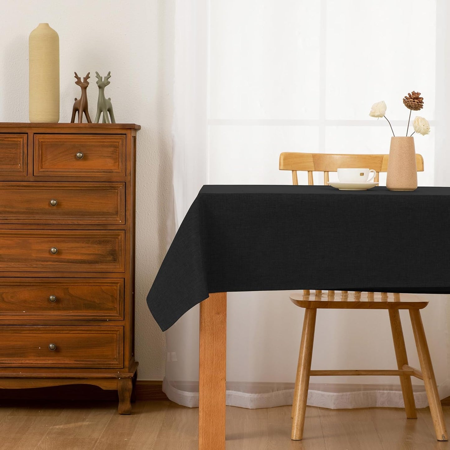 Hiasan Faux Linen Rectangle Tablecloth - Wrinkle and Stain Resistant Washable Table Cloth for Kitchen Dining Room Holiday Table Cover for Dinner, Black, 60 x 140 Inch