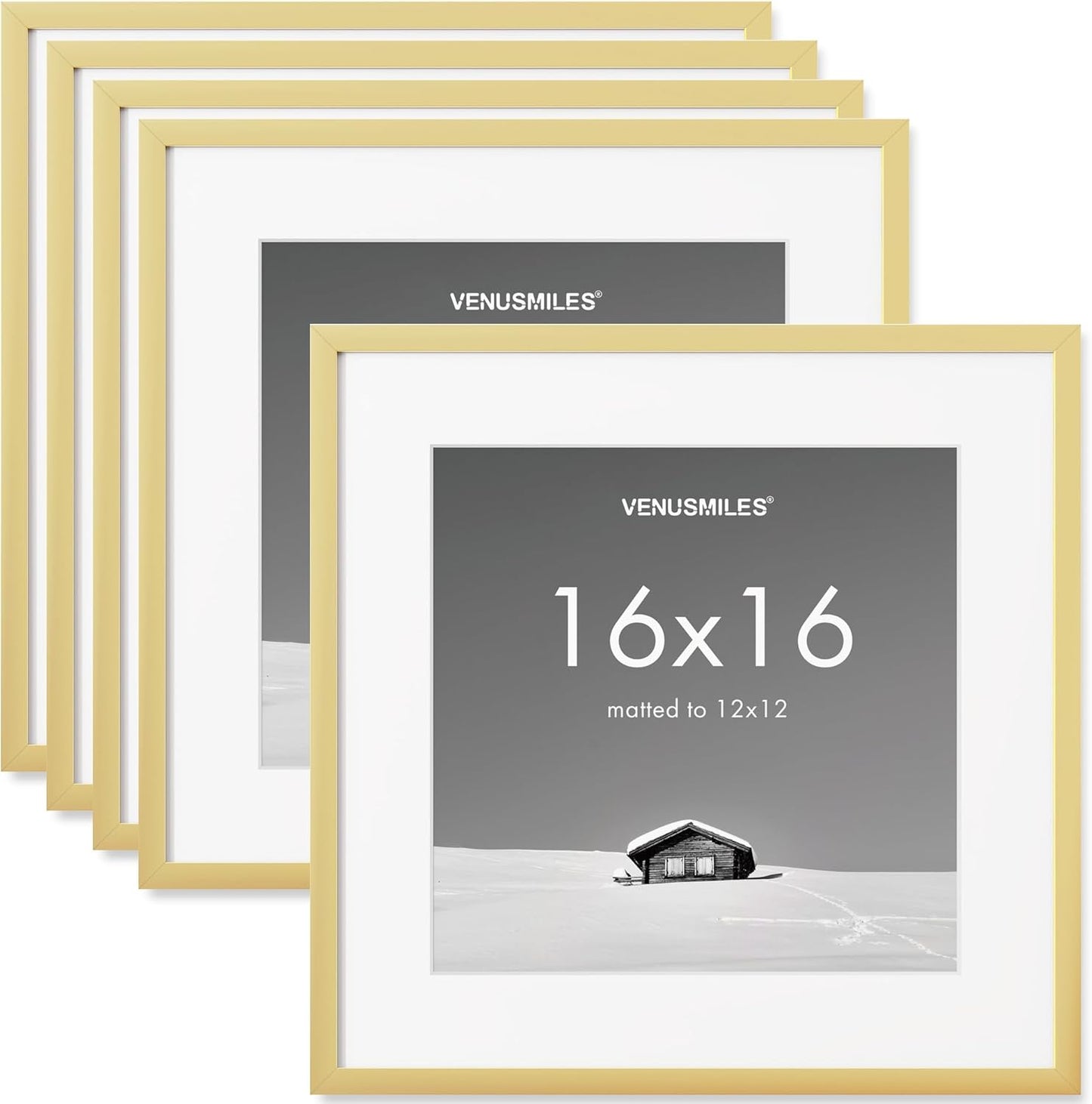 16x16 inch Picture Frame, 16x16 Photo Frames with 12x12 Removable Mat - High Definition Plexiglass - Vertical and Horizontal Display - Wall Hanging Frame - Gold, 5 Pack