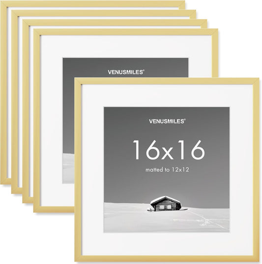16x16 inch Picture Frame, 16x16 Photo Frames with 12x12 Removable Mat - High Definition Plexiglass - Vertical and Horizontal Display - Wall Hanging Frame - Gold, 5 Pack