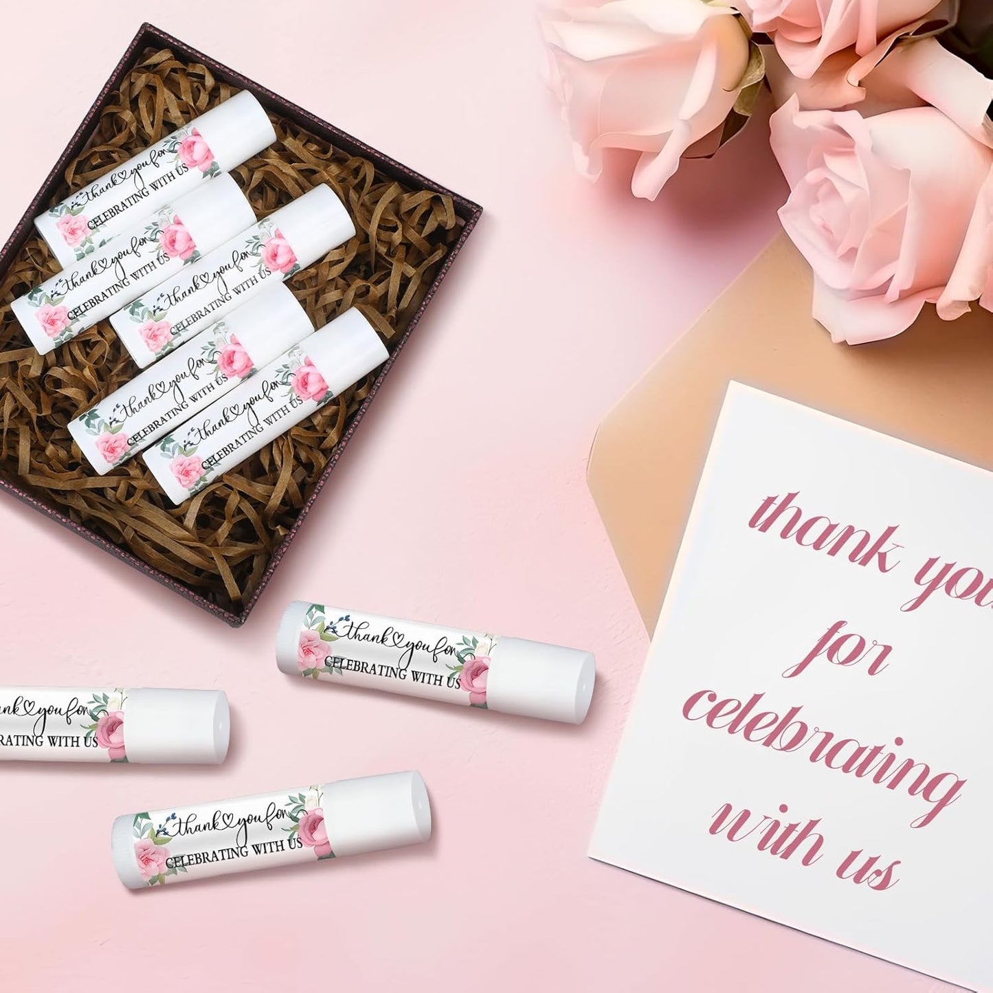 50 Pcs Pink Flowers Wedding Bridal Shower Gifts Bulk Floral Lip Balm Baby Shower Party Favors Thank You Appreciation Gifts for Women Tea Bachelorette Party