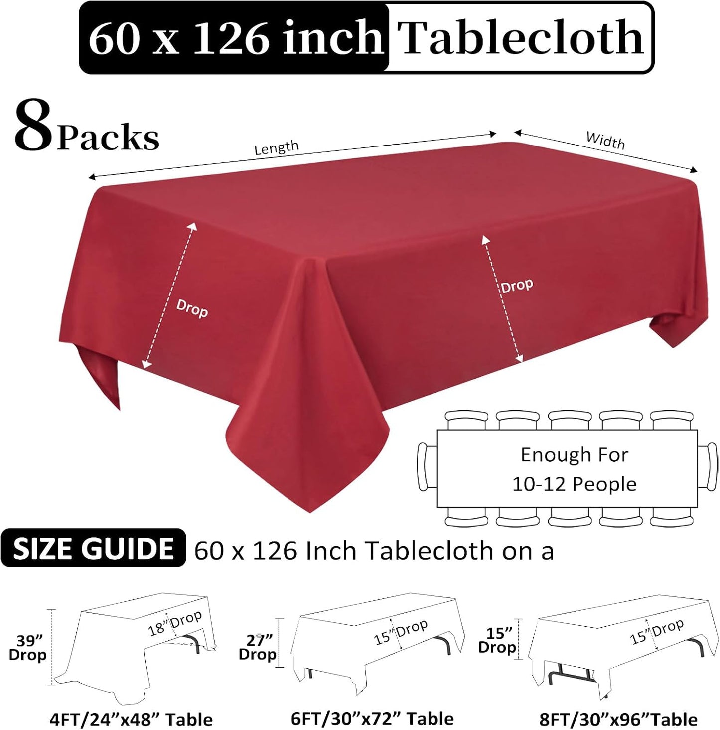 CozRhythm 8 Pack Red Tablecloth 60 x 126 Inch Rectangular Tablecloths for 8 Foot Rectangle Tables, Wrinkle Resistant Red Table Cloth Washable Polyester Fabric Table Covers for Buffet Wedding Party