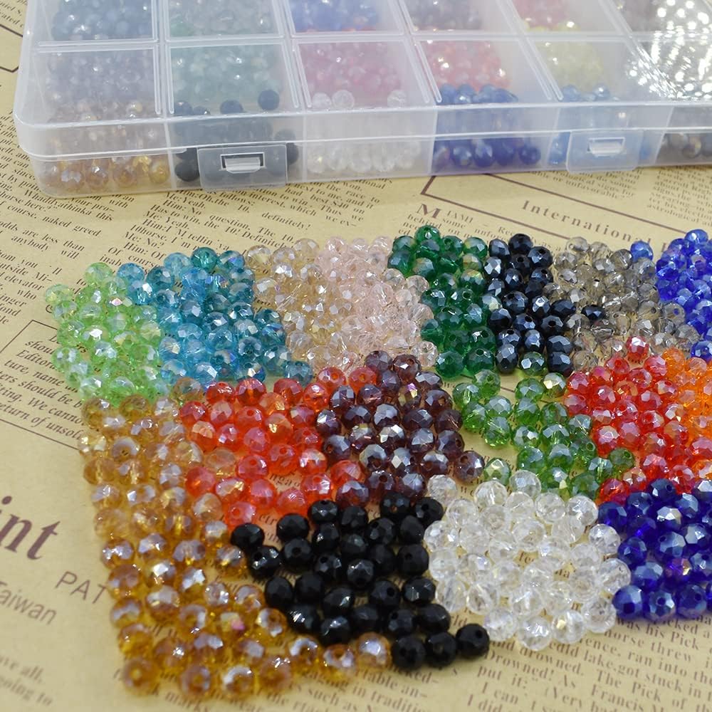 6mm 1200Pcs Briolette Faceted AB Crystal Glass Beads 24 Colors Rondelle Shape for Jewelry Making Bracelets Necklaces DIY Craft Decorative