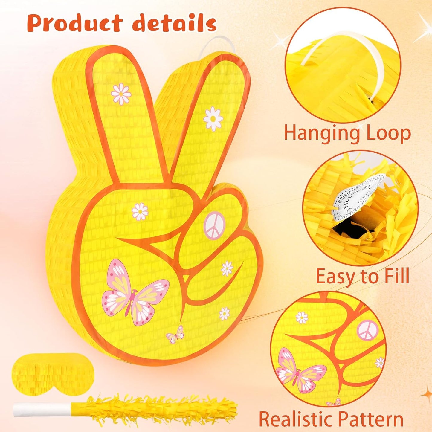 Hippie Pinata with Stick & Hanging Loop Daisy Flower Mexican Pinata Game for Young Wild and Three Party Decorations Girl Groovy Birthday Party Decorations Supplies