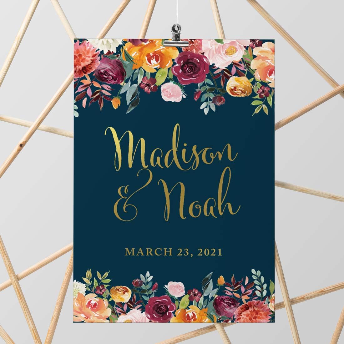 Andaz Press Personalized Extra Large Wedding Easel Board Party Sign, 12x18-inch, Fall Autumn Orange Burgundy Coral Roses on Navy Blue, Bride Groom Names and Date, 1-Pack, Custom