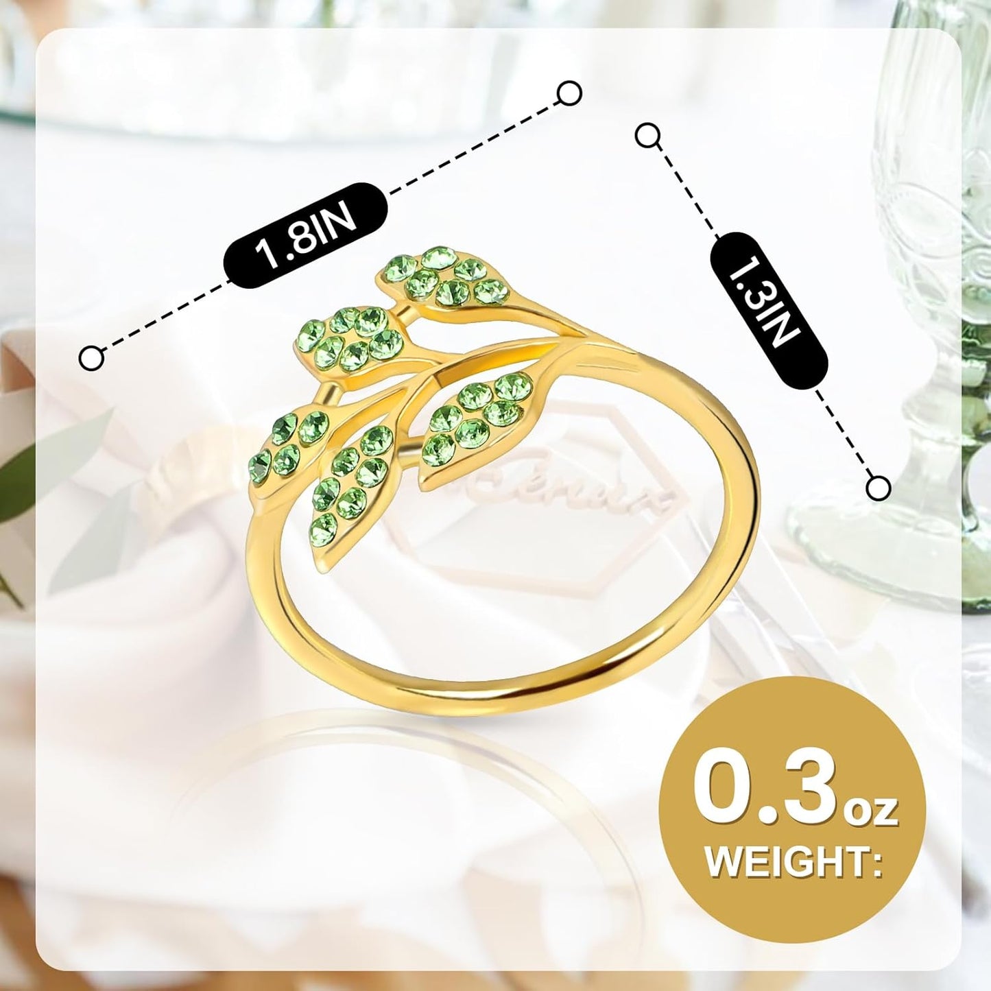 Gold Napkin Rings Set of 10,Napkin Rings Holder Buckles,Thanksgiving Christmas Napkin Ring Alloy Leaf Diamonds Napkin Ring for Dining Table Decor Wedding,Dinner Party Decorations Green Diamonds 10pcs