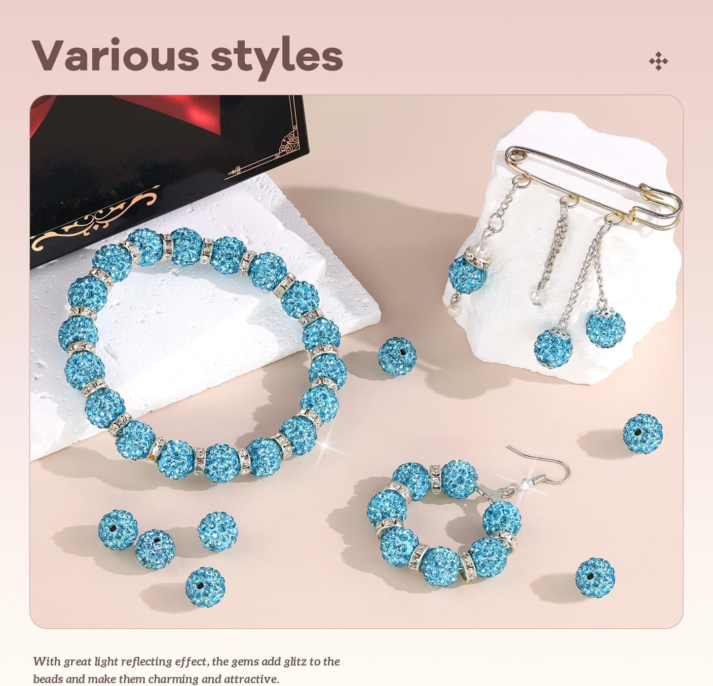 105pcs 10mm Rhinestone Beads for Jewelry Making, Aquamarine Shiny Round Disco Ball Beads Bulk, Sparkle Crystal Clay Christmas for Bracelet Baseball Necklace Earring Crafting and DIY
