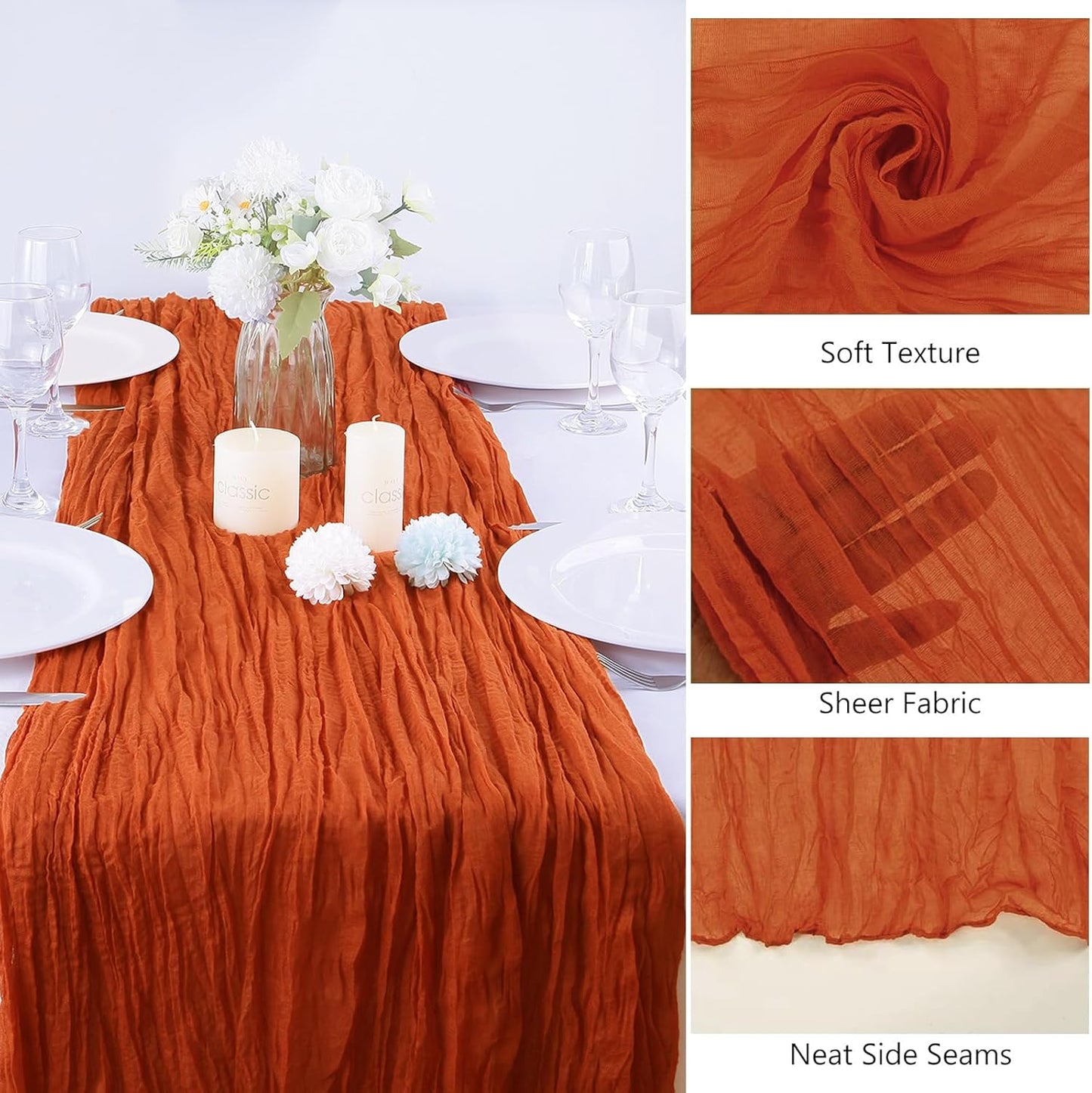 16PCS Orange Cheesecloth Table Runner - 10FT x 35x120Inch Boho Gauze Cheese Cloth Table Runner for Wedding Party, Baby Bridal Shower Table Decor