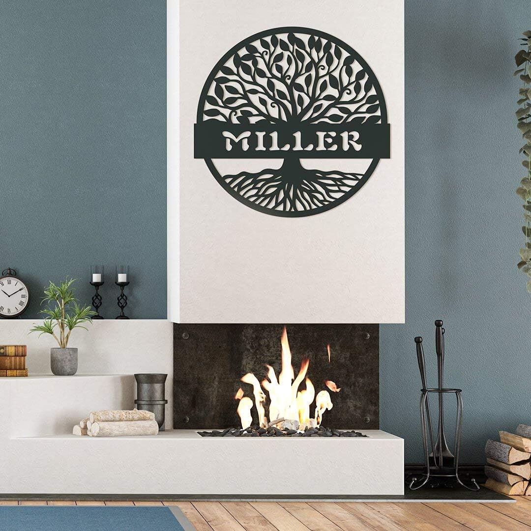 RealSteel Personalized Metal Wall Art - Custom Tree of Life Design with Family Name - Circular Metal Sign - Personalized Wedding, Anniversary, or Housewarming Gift - Black, 24"