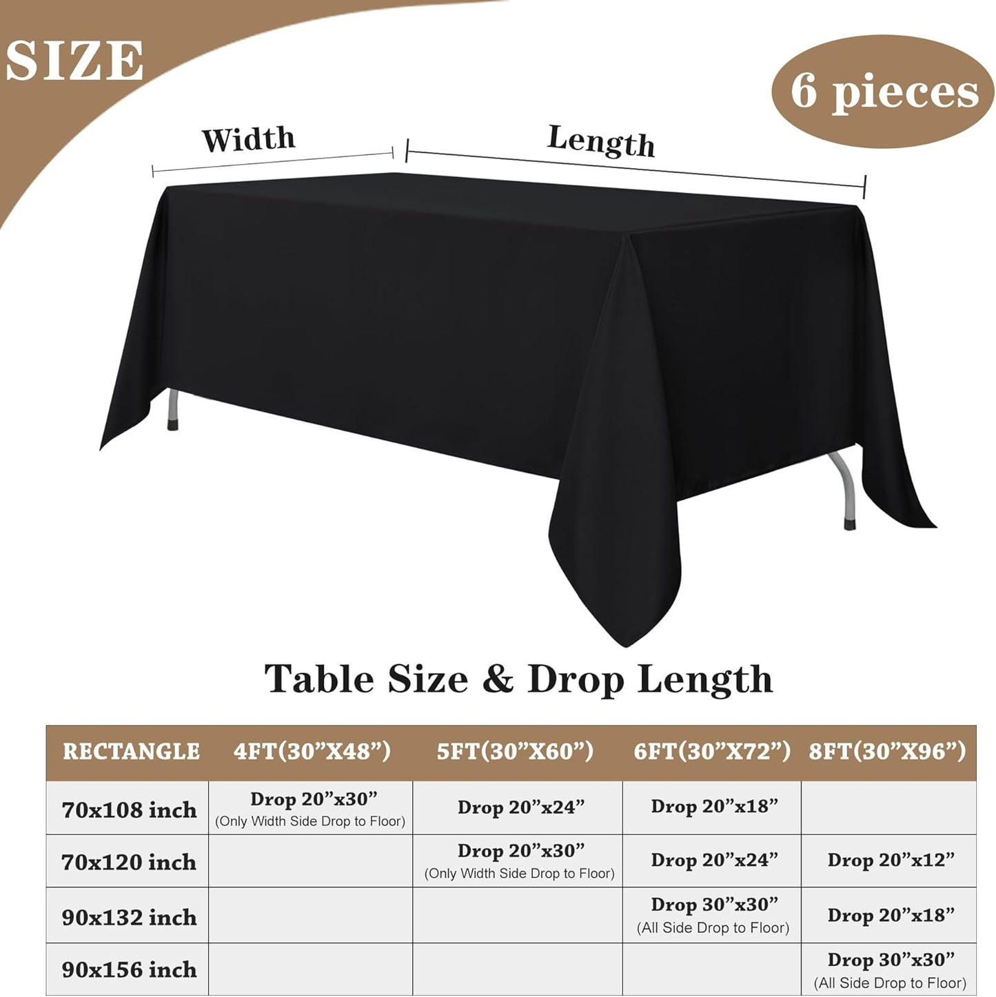 Fitable Black Tableclothes for Rectangle Tables, 6 Pack - 90 x 132 Inch - Reusable and Elegant Tablecloths, Polyester Fabric Table Covers for Wedding, Party, Banquet, Formal Events