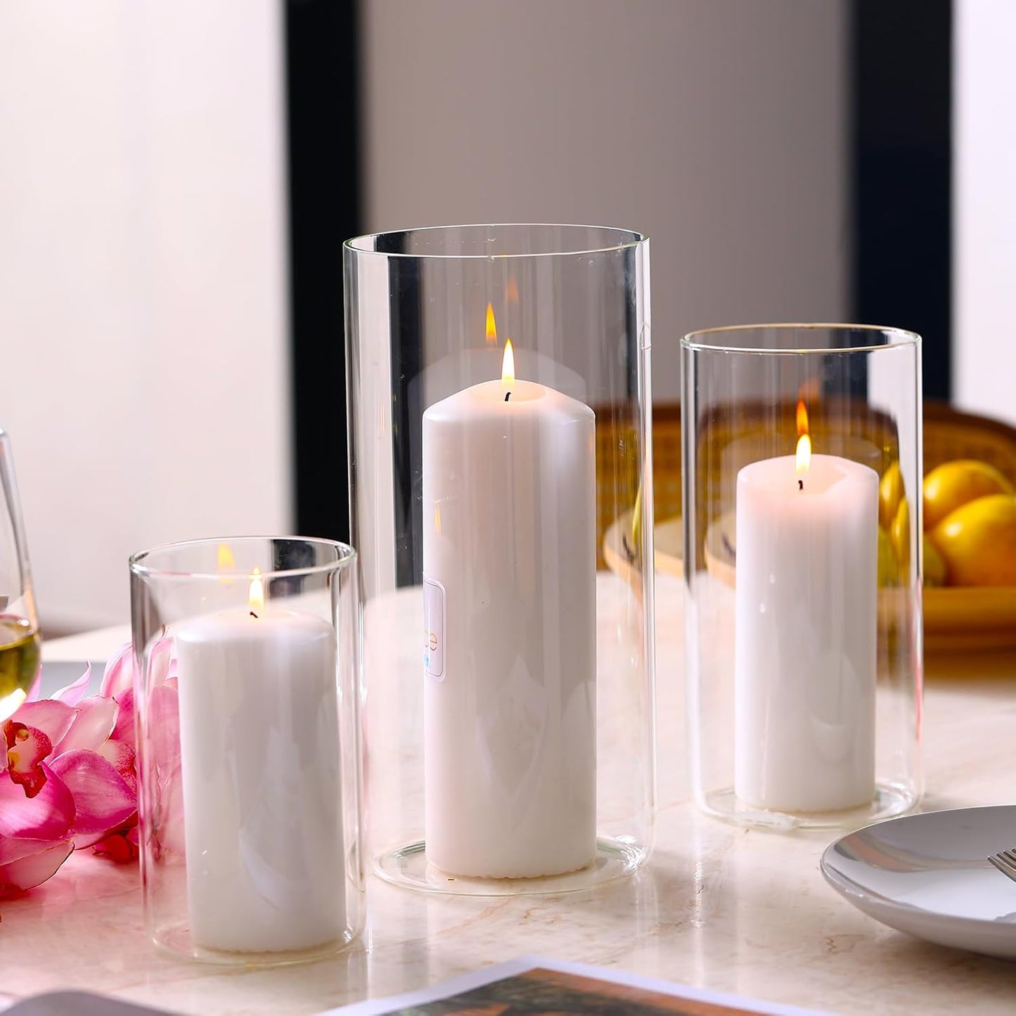 PHOSPHOR 9 PCS Glass Candle Holders for Pillar Candle Clear Glass Cylinder Centerpieces Vases Table Decoration Centerpiece Hurricane Candle Holder Glass