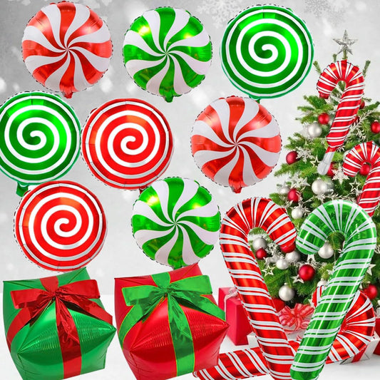 Christmas Cane Candy Balloons Red Green Candy Cane Gift Box Foil Balloons for Sweet Candies Theme Party Decorations 30 Pcs