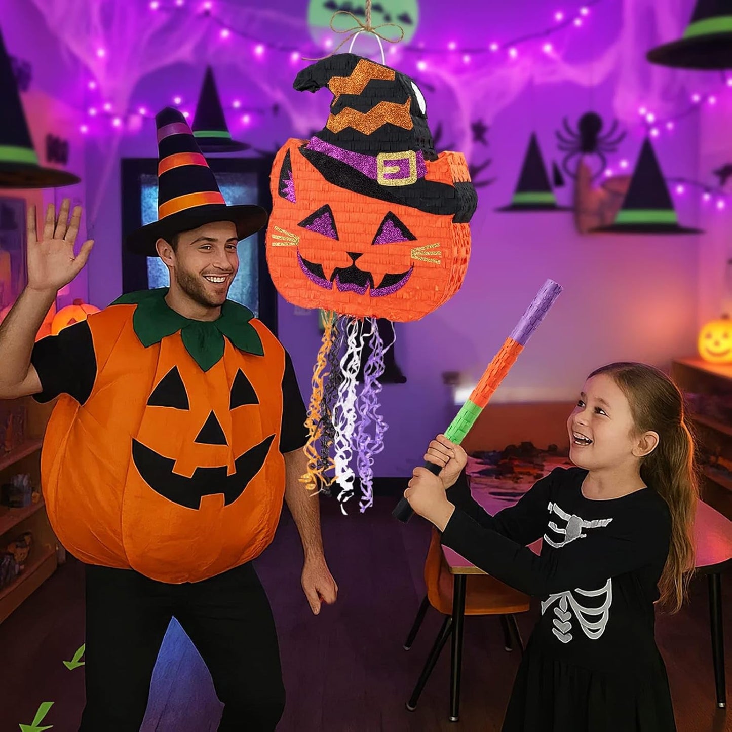 WERNNSAI Halloween Pumpkin Pinata - Halloween Pumpkin Party Decorations Black Cat Party Games for Kids Baby Hallows Eve Supply Jack O Lantern Pumpkin Design with Bat Blindfold