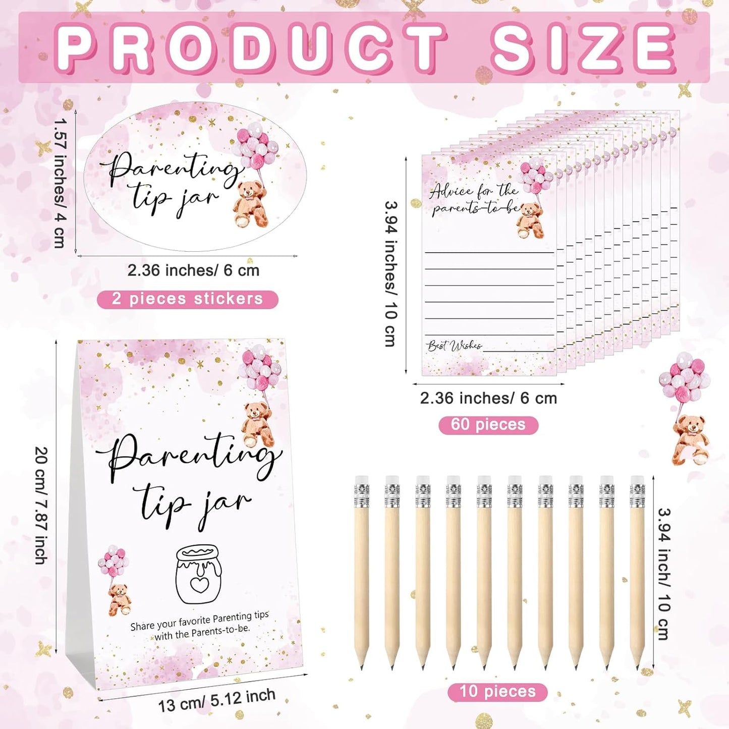 Roowest Baby Shower to Baby Advice Cards for New Parents to Be - Tip Jar Sign for New Parents 60 Parenting Advice Cards 10 HB Pencils 2 Cute Stickers 1 Pet Bottle for Guests Games(Pink Bear)