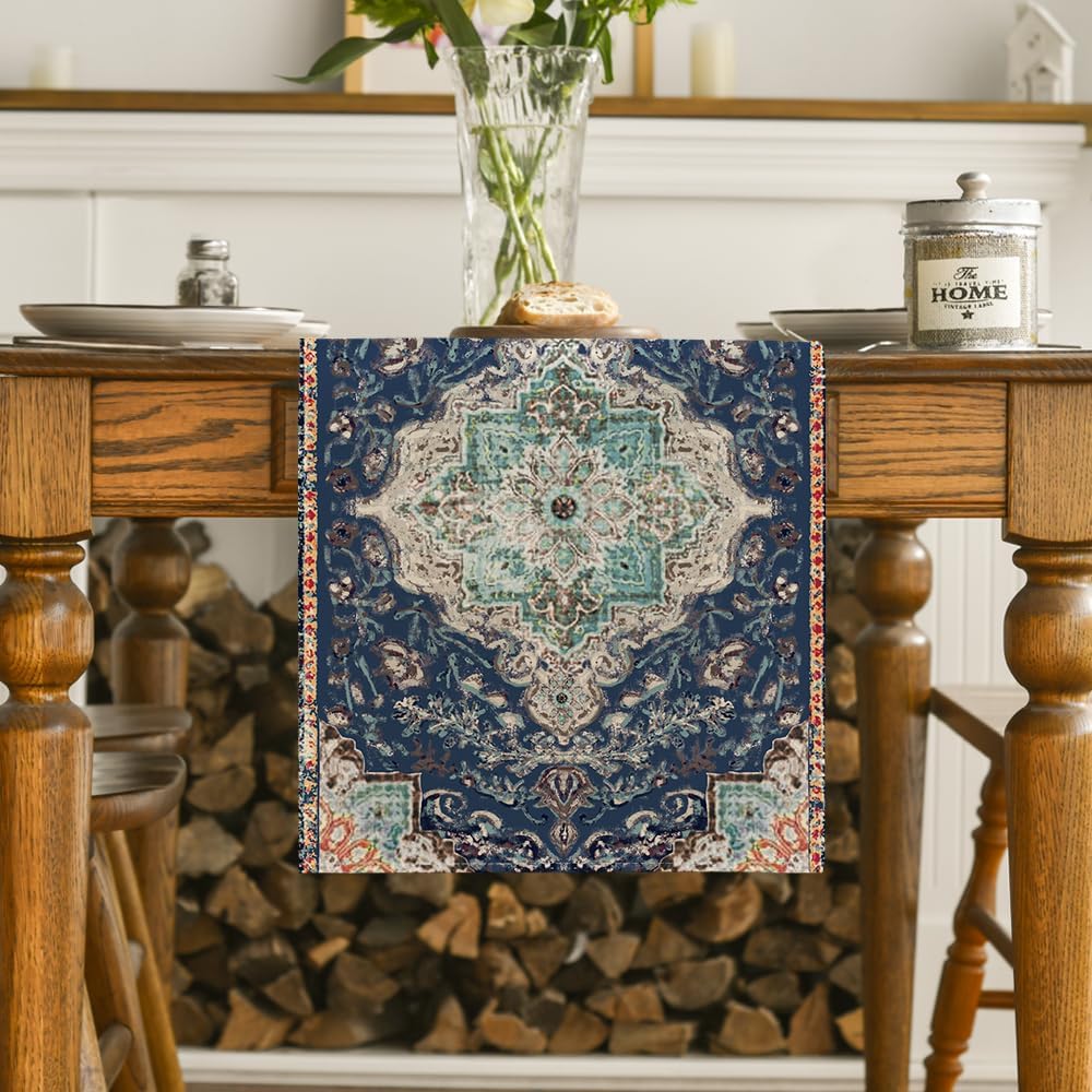 Artoid Mode Boho Bohemia Style Blue Table Runner, Country Rustic Farmhouse Magical Winter Kitchen Dining Table Decoration for Home Party Decor 13x72 Inch