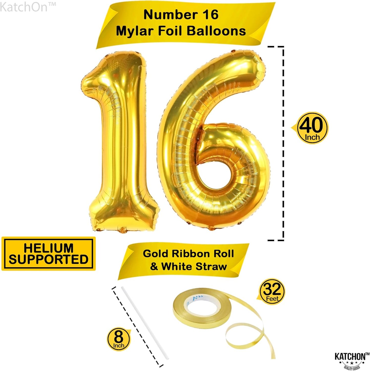 KatchOn, Giant Gold 16 Balloon Numbers - 40 Inch | Gold Number 16 Balloons for Sweet 16 Birthday Decorations | Gold Sweet 16 Balloons | Sweet 16 Balloons for Sweet 16 Party Decorations for Boys