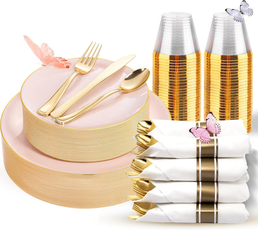 KIRE 175PCS Pink Plates Disposable - Heavy Duty Pink and Gold Plastic Plates Dinnerware Sets - 25 for Dinner 25 for Dessert 25 Pre Rolled Napkins 25Cups for Birthday Party/Wedding