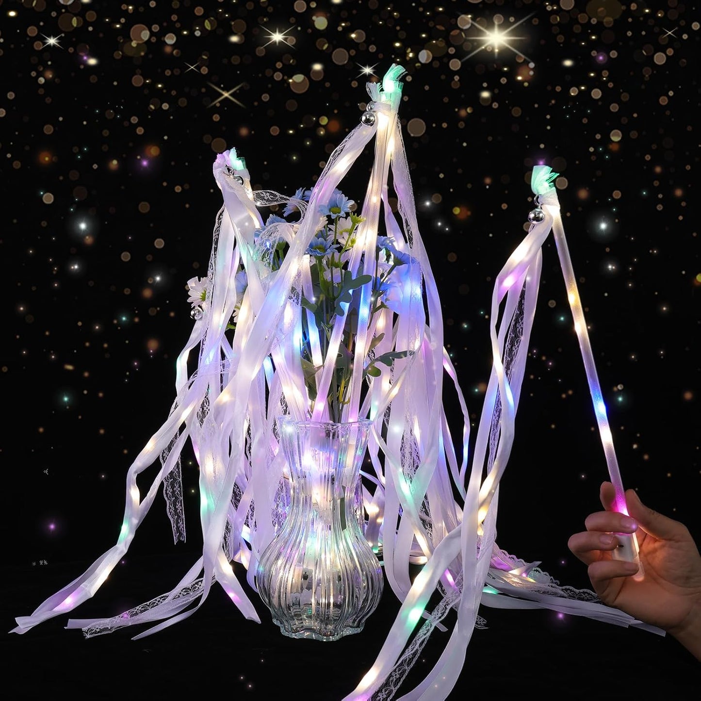 30 Pieces Light up Wedding Wands with Ribbons & Bells –LED Silk Wedd Fairy Wands Streamers with Warm White & Colorful Lights for Wedding Send Off Ideas, Parties, and Celebrations