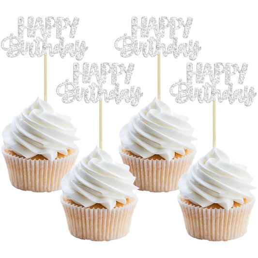 Gyufise 24Pcs Happy Birthday Cupcake Toppers Silver Glitter Birthday Cake Decorations Picks for Celebrating Birthday Party Decorations Supplies