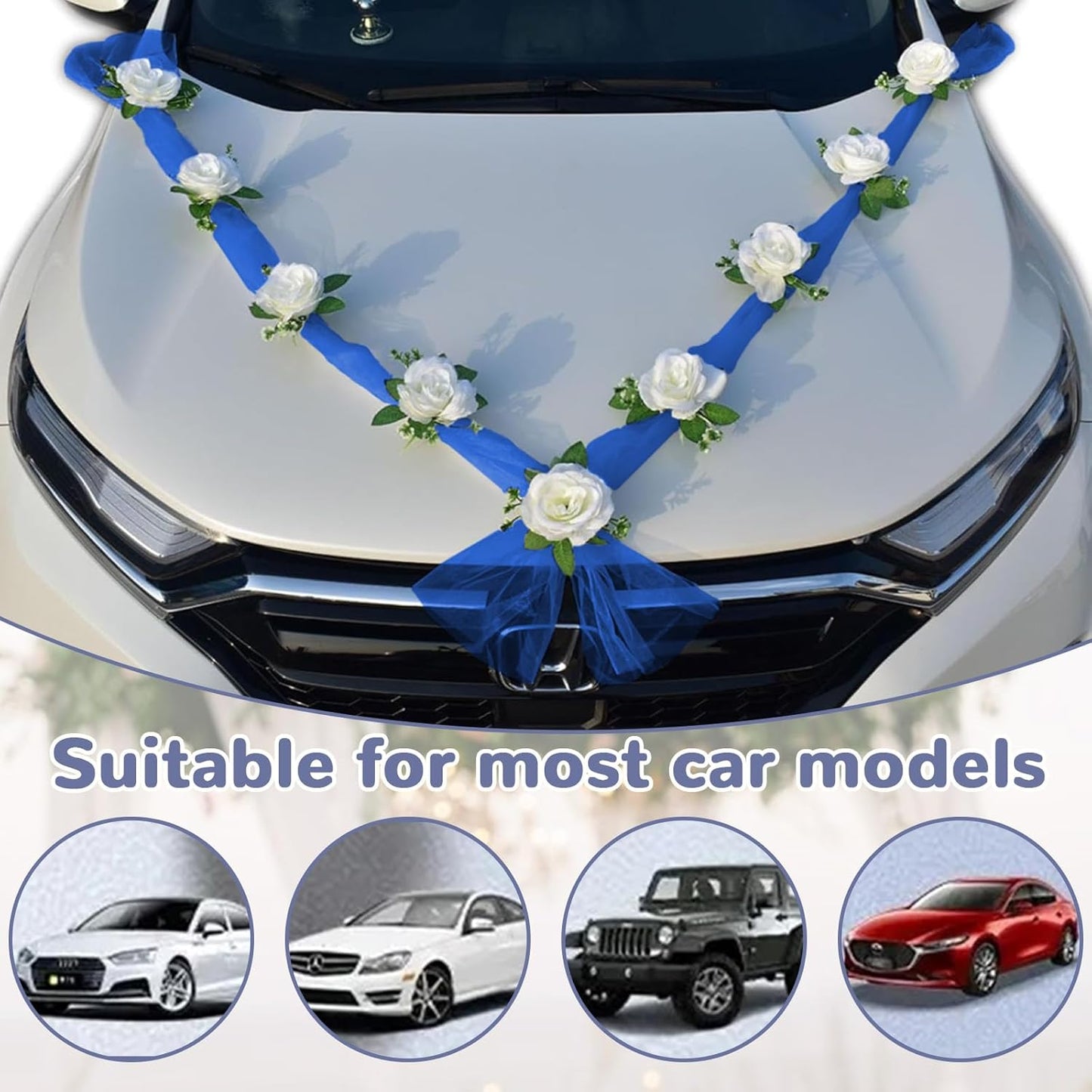 Wedding Car Flower Decoration, White Floral Flowers and Blue Ribbon Set, Just Married Automotive Ornament Accessores for Bridal Shower Party Decor