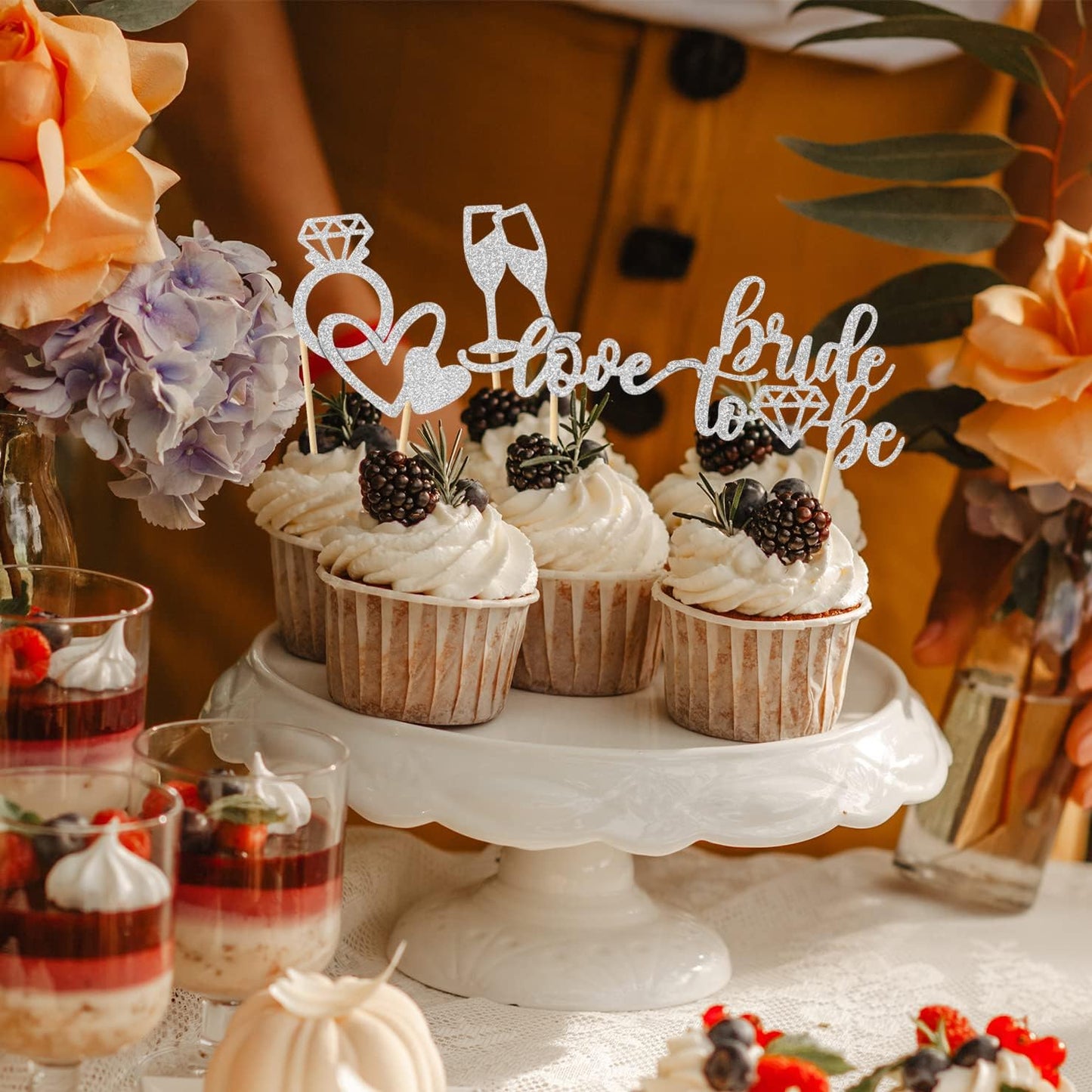 35 Pcs Glitter Diamond Ring Bride to be Love Cupcake Topper Champagne Cake Picks Decorations for Bridal Shower Wedding Engagement Party Supplies, Silver