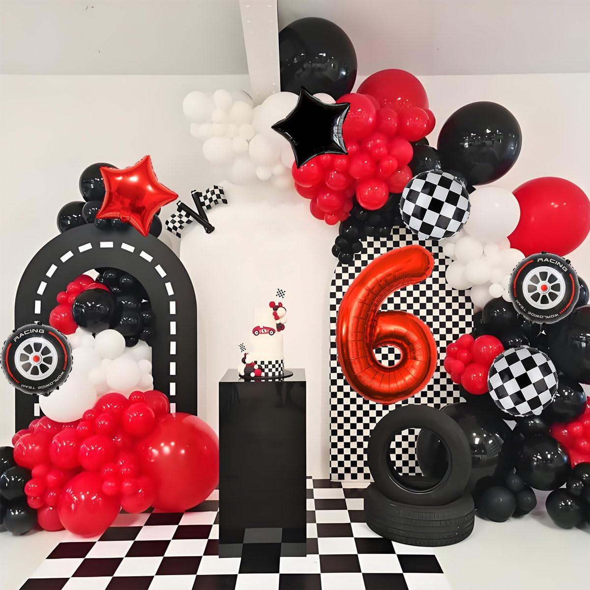 Race Car Birthday Decorations - 40 Inch Mylar Red Number 6 Balloons - Black Foil Checkered Race Car Balloons for 6st Birthday Race Cars Themed Party Decorations Supplies