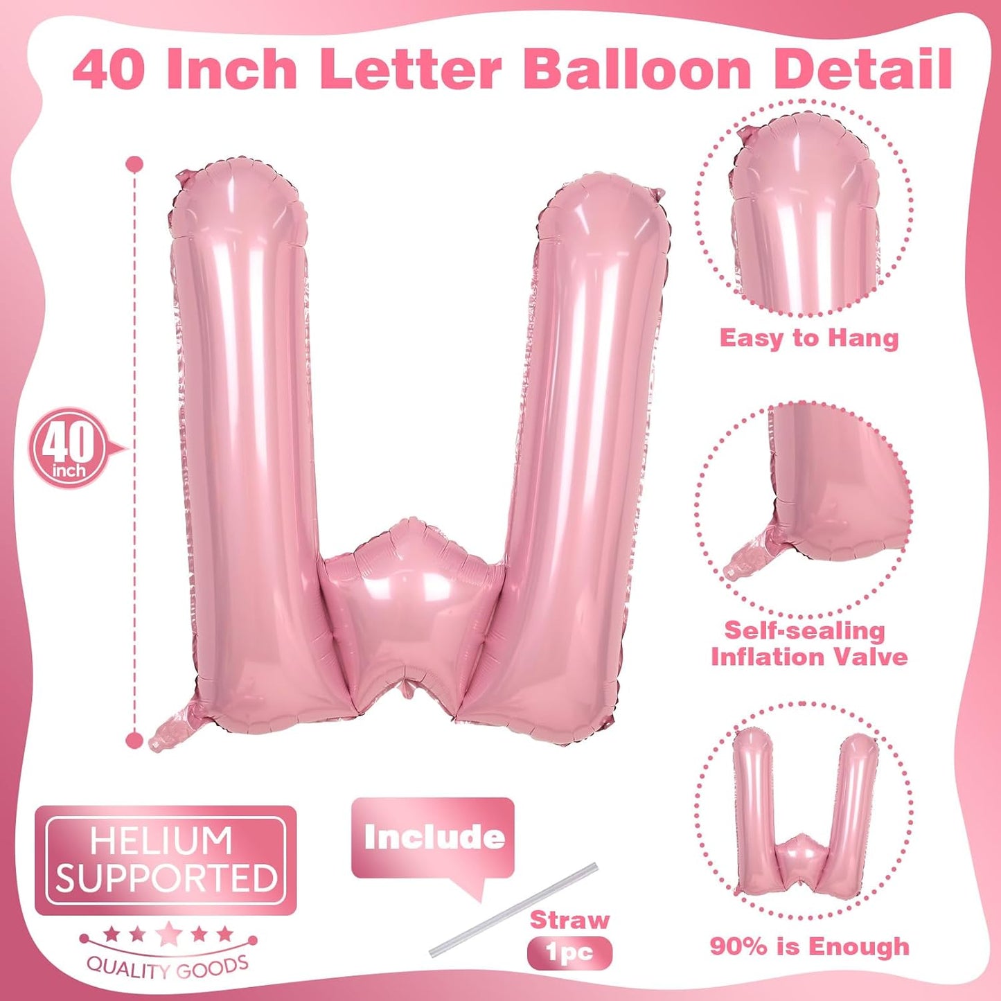 Pastel Pink W Balloon, 40 Inch Giant Baby Pink Mylar Helium Foil Letter W for Girls, Self Inflating Alphabet W Birthday Balloon for Women Anniversary Baby Shower Princess Party Decorations Supplies