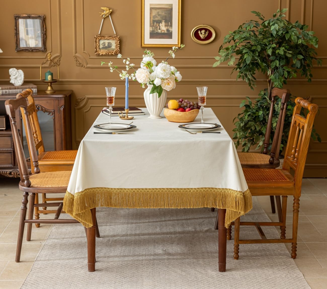 F-CHU White Tablecloth Thickset Velvet Tablecloth with Beautiful Gold Tassels Vintage Table Cloth for Home Decor Wedding, Party, Banquet and Events 60x120-Inch