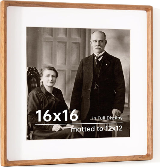 16x16 Picture Frame USA-Sourced Natural Cherry Wood Solid Original Wood Photo Frame Rounded Corner with Mat to 12x12 Picture Display with Real Glass Family, Wedding Picture, Photo, Certificate
